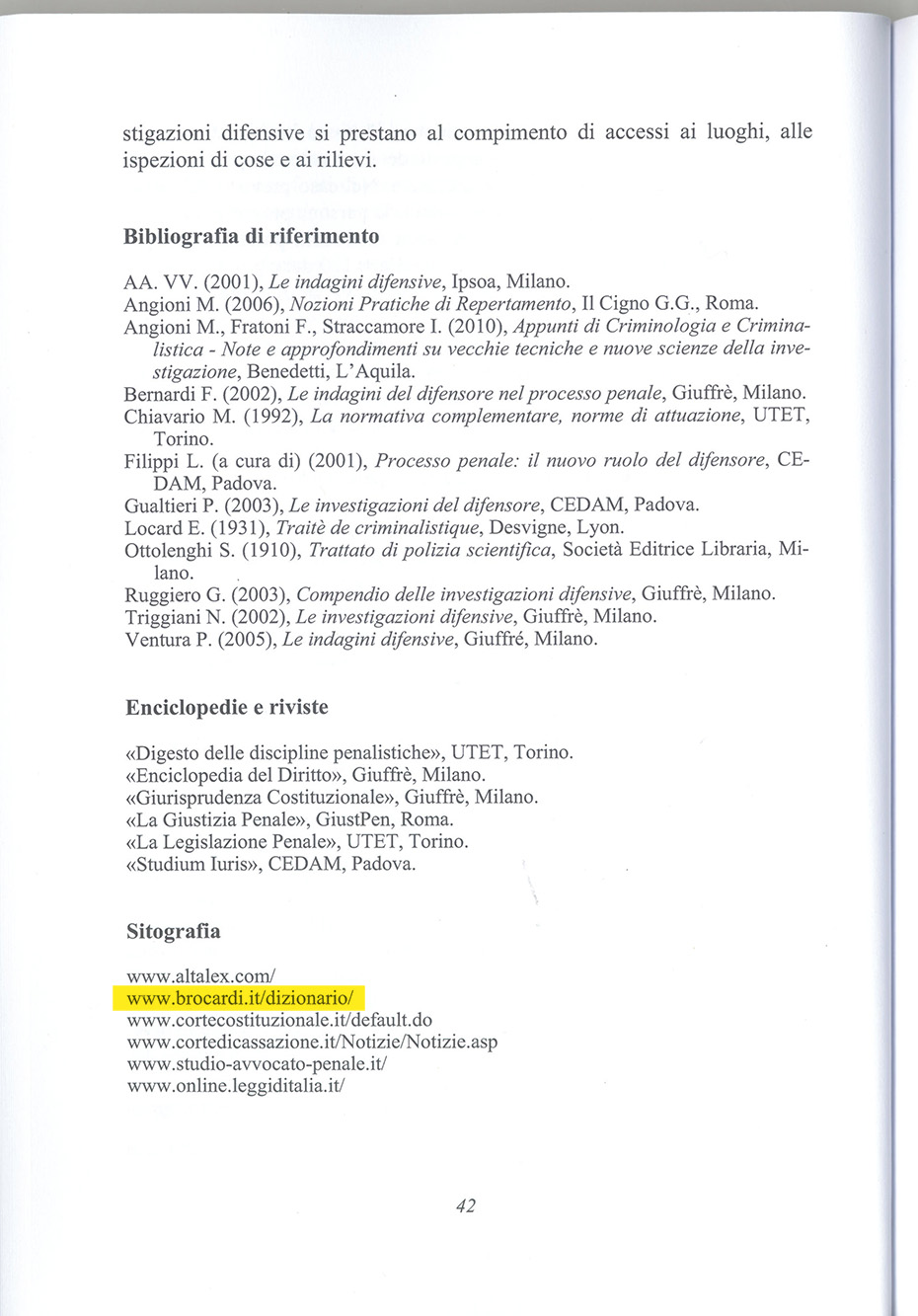 Brocardi.it menzionato in “Scena del crimine e indagini difensive di Mariano Angioni, Fabrizio Fratoni”