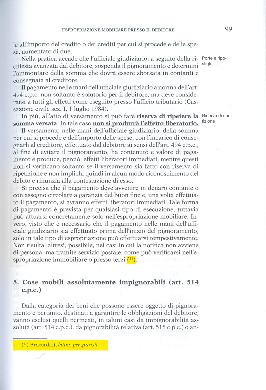 Brocardi.it menzionato in “Lesecuzione mobiliare e immobiliare di Bruno Cirillo”